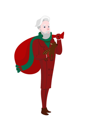 Modern hipster Santa Claus in red cloth and green scarf with small pet deer on white background.のイラスト素材