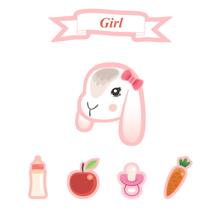 Newborn baby greeting card template, poster, with cute, sweet bunny and baby related items.のイラスト素材