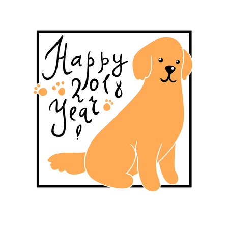 Vector New year greeting card with dog and hand lettering, isolated on white.の写真素材