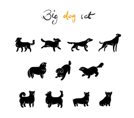 Vector set of dog, silhouette, isolated on white background.のイラスト素材