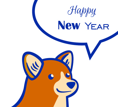 Vector new year greeting card with corgi in cartoon style isolated on white background.のイラスト素材