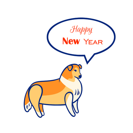 Vector new year greeting card with sheltie in cartoon style isolated on white background.のイラスト素材