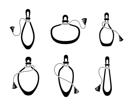 Perfume bottles with tassel icons set, silhouette on white.のイラスト素材