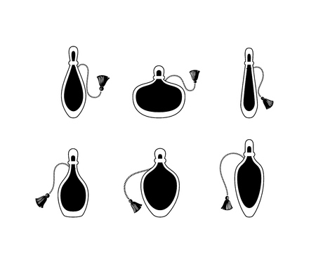 Perfume bottles with tassel icons set, silhouette on white.のイラスト素材