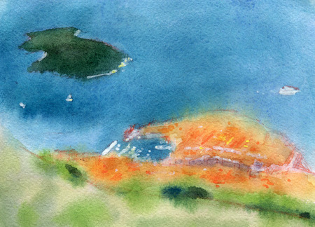 Watercolor illustration of Dubrovnik, top view on harborの写真素材