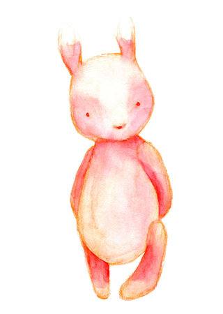 Watercolor drawing of pink standing bunny toy isolated on whiteの写真素材