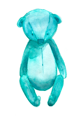 Watercolor drawing of blue teddy bear isolated on whiteの写真素材