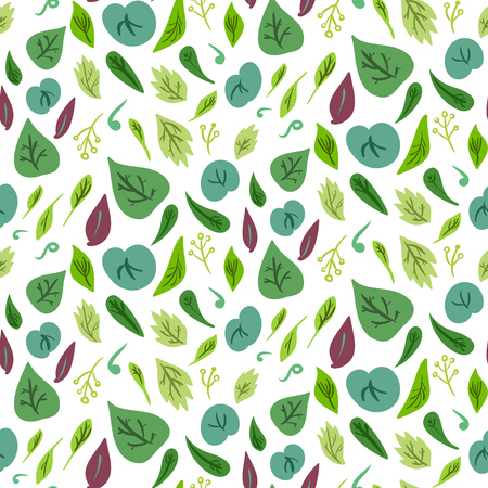 Vector doodle multicolor hand drawn seamless pattern. Various leaves on white background. Background for textile or book covers, manufacturing, wallpapers, print, gift wrapのイラスト素材