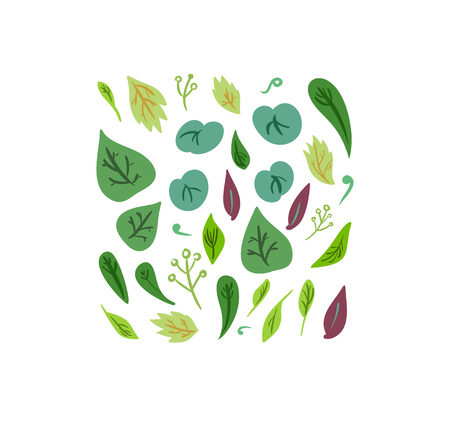 Vector doodle multicolor hand drawn pattern. Various green leaves on white background. Background for textile or book covers, manufacturing, wallpapers, print, gift wrap.のイラスト素材