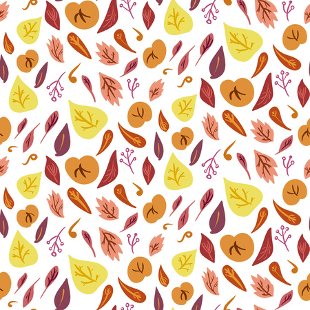 Vector doodle autumn hand drawn seamless pattern. Various leaves on white background. Background for textile or book covers, manufacturing, wallpapers, print, gift wrap.のイラスト素材