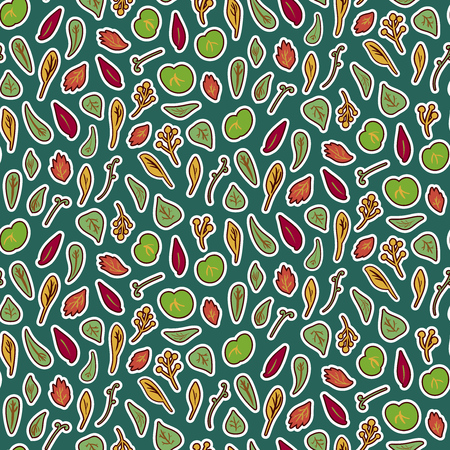 Vector doodle multicolor hand drawn seamless pattern. Various leaves on emerald green background.のイラスト素材