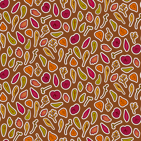 Vector doodle autumn hand drawn seamless pattern. Various leaves on dark orange background.のイラスト素材