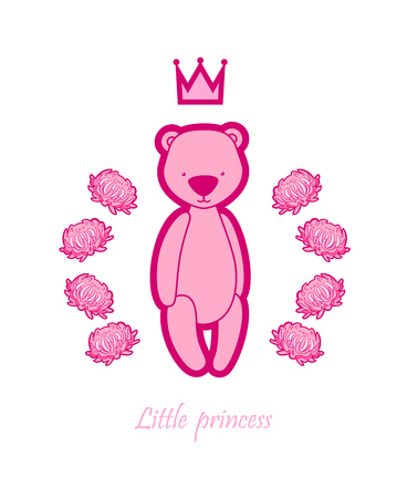 Vector newborn baby greeting card template, poster, with cute, sweet teddy bear and asters.のイラスト素材