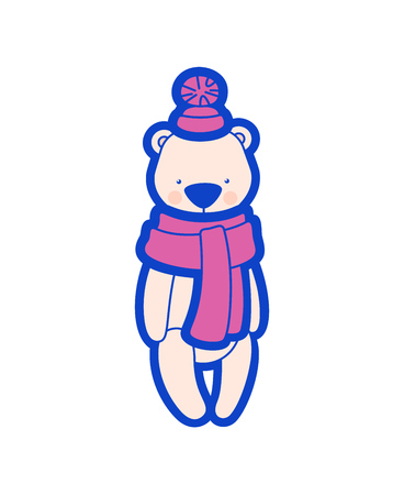 Vector teddy bear. Winter plush toy in cap with pompon and scarf. Illustration isolated on white backgroundのイラスト素材