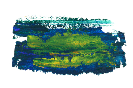Oil painting background, hand painted abstract dark blue, green and yellow strokes isolated on white backgroundの写真素材