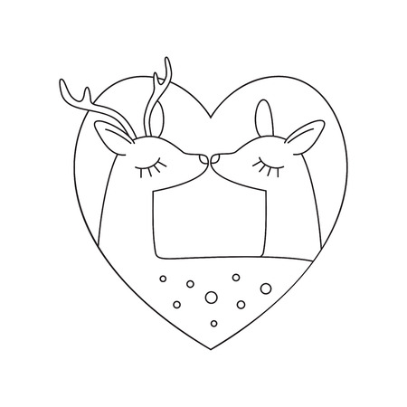 Valentines day greeting card template. Vector doodle cute deers in heart-shaped frame isolated on white. Vector love illustrationのイラスト素材