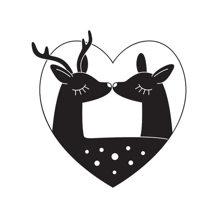 Valentines day greeting card template. Vector doodle cute deers in heart-shaped frame isolated on white. Vector love illustrationのイラスト素材