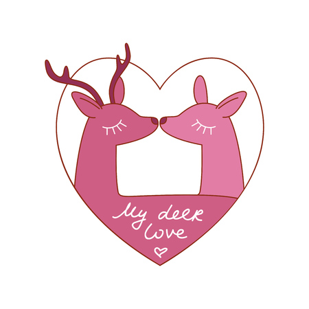 Valentines day greeting card template. Vector doodle cute deers in heart-shaped frame and text My deer love isolated on white. Vector love illustrationのイラスト素材