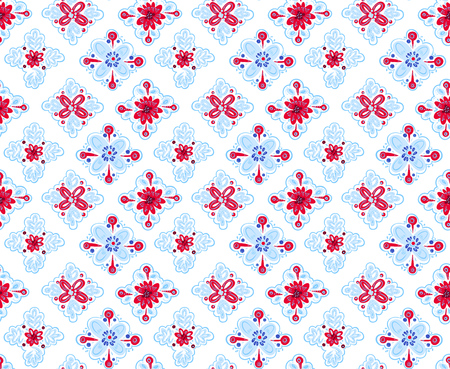 Decorative seamless folk pattern with square elements isolated on white. Eastern European print.のイラスト素材