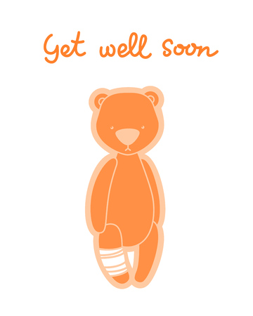 Get well soon card. Teddy bear with bandaged leg isolated on whiteのイラスト素材