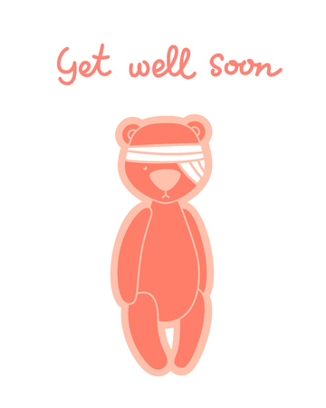 Get well soon card. Teddy bear with bandaged head isolated on whiteのイラスト素材