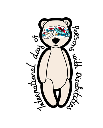 Card with a disabled blind bear with floral pattern and text International day of persons with disabilities isolated on whiteのイラスト素材