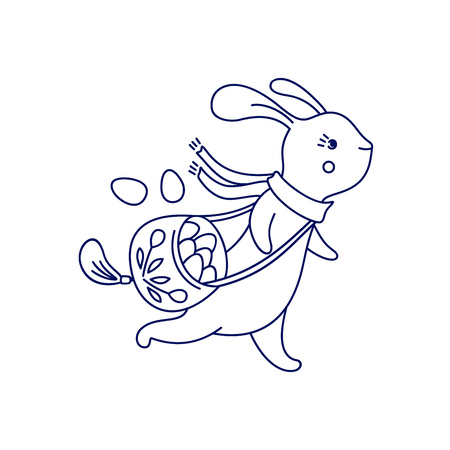 Running Easter cute bunny with bag of eggs isolated on white background. Vector illustration.のイラスト素材
