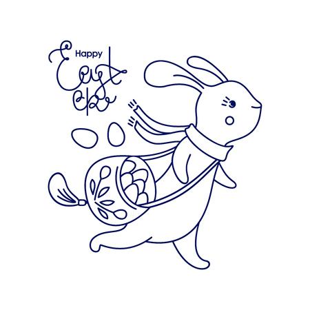 Running Easter cute bunny with bag of eggs and Happy Easter letteringisolated on white background. Vector illustration.のイラスト素材