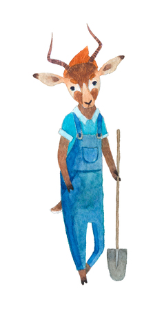 Antelope farmer holding a shovel isolated on whiteの写真素材