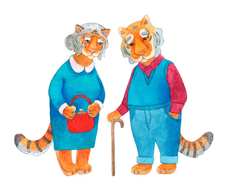 Cute watercolor old tiger and tigress character isolated on whiteの写真素材