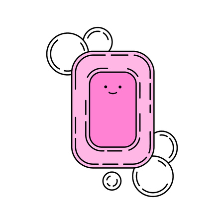 Cute pink doodle soap with smile and bubbles, vector illustration.のイラスト素材