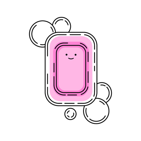 Cute pink doodle soap with smile and bubbles, vector illustration.のイラスト素材