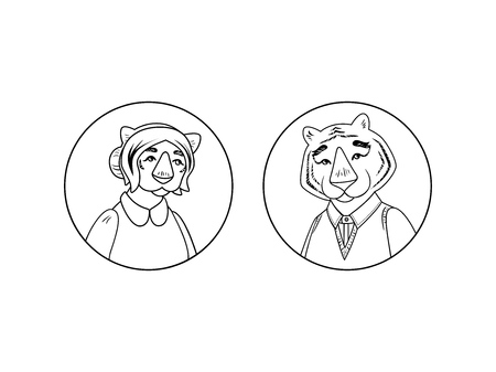 Vector cute tiger and tigress character isolated on white. Tiger grandparents icon setのイラスト素材