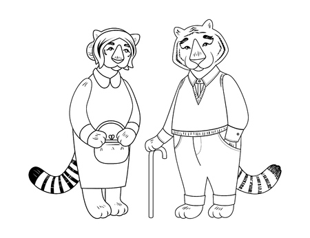 Vector cute old tiger and tigress character isolated on white background.のイラスト素材