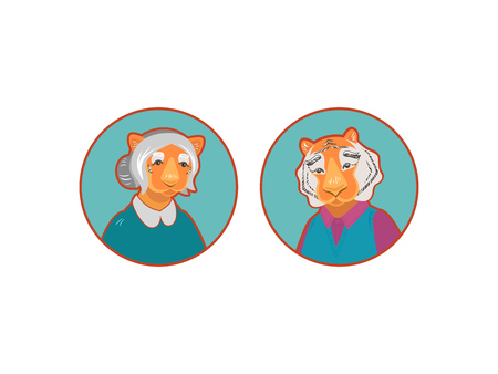 Vector cute old tiger and tigress character isolated on white. Tiger grandparents icon set.のイラスト素材
