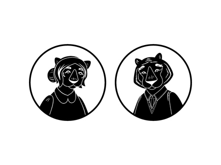 Vector cute tiger and tigress character isolated on white. Tiger grandparents icon set.のイラスト素材