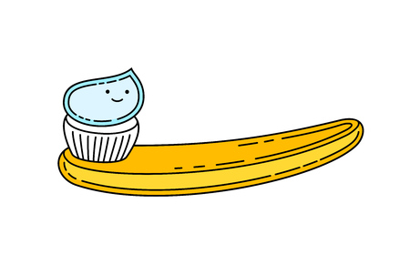 Doodle toothbrush with applied yellow paste portion. Vector illustration isolated on whiteのイラスト素材