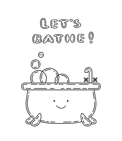 Bathtub doodle illustration, cute smiling character. Let's bathe text.のイラスト素材