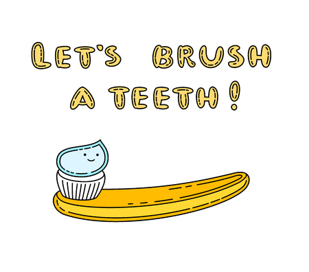 Doodle toothbrush with applied toothpaste portion. Vector illustration isolated on white. Card with motivation text let's brush a teeth.のイラスト素材