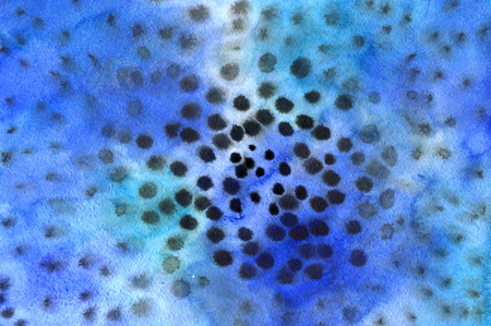 Abstract blue and black watercolor background with radial spot pattern, hand painted textureの写真素材