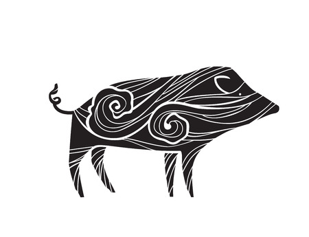 Stylized vector boar illustration with wave pattern isolated on whiteのイラスト素材
