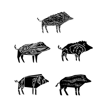 Stylized boars illustration symbolized 5 elements, water, wood, fire, earth and metal. Angular grange style.のイラスト素材