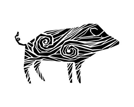 Stylized boar illustration with wave pattern. Angular grange style.のイラスト素材