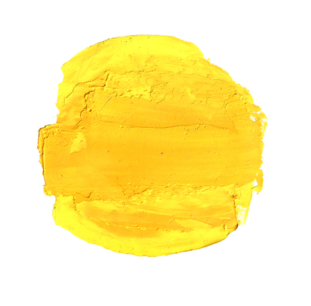 Oil painting background, hand painted abstract orange and yellow strokes isolated on white backgroundの写真素材