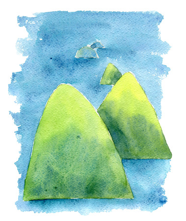 Hills covered with grass on blue background. Watercolor illustrationの写真素材