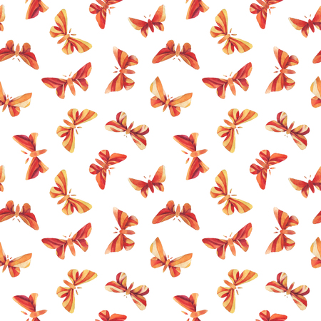 Watercolor decorative fantasy red, orange and yellow vintage butterfly seamless pattern on white background.の写真素材