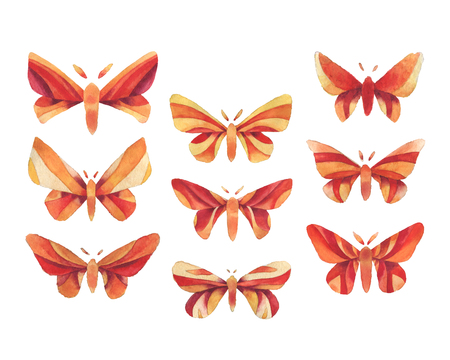Watercolor decorative fantasy red, orange and yellow vintage butterflies set isolated on white background.の写真素材