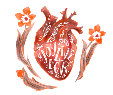 Realistic watercolor silhouette of heart with lettering and flowers. Joy, live, love text. Illustration isolated on white backgroundの写真素材