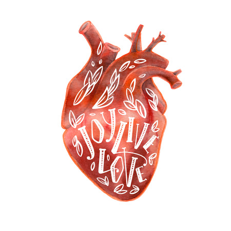 Realistic silhouette of heart with lettering. Joy, live, love text. Illustration isolated on white backgroundの写真素材