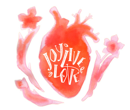 Realistic watercolor silhouette of heart with lettering and flowers. Joy, live, love text. Illustration isolated on white backgroundの写真素材